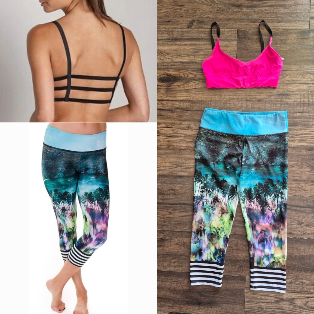 Onzie Hot Yoga Set Malibu Capris leggings Pink Elastic Cage Sports Bra Bralette